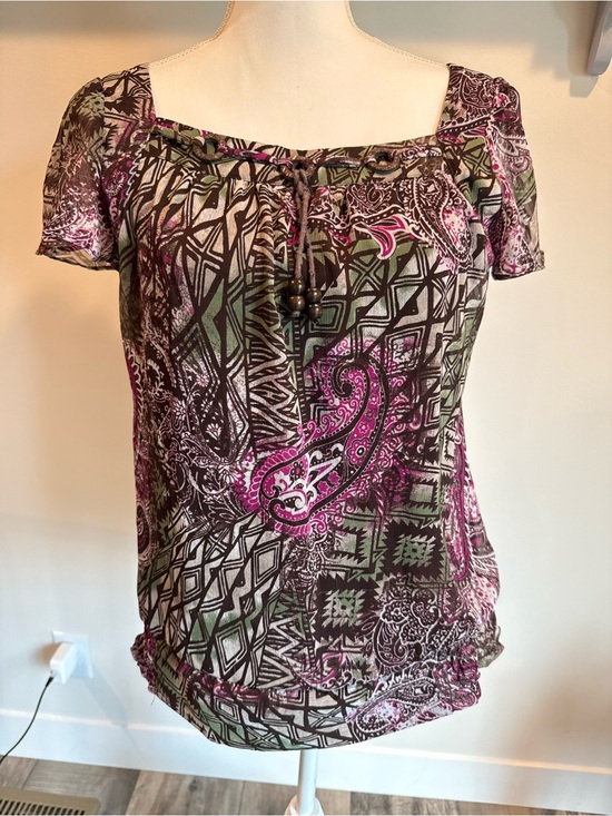 dressbarn Tops - dressbarn Olive and Magenta Short-Sleeve Printed Peasant Blouse